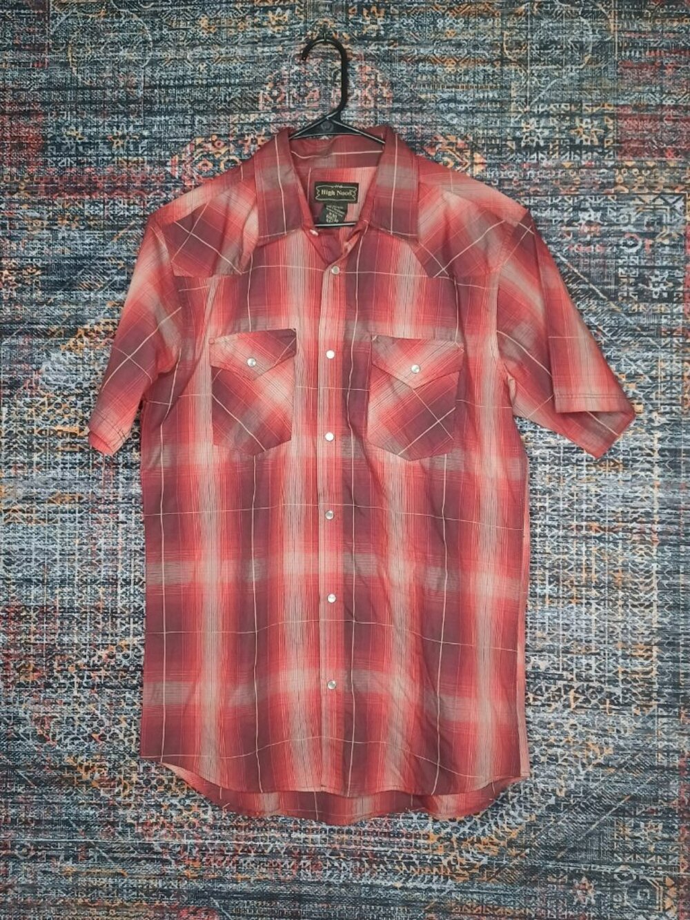 High Noon mens red an gray plaid western Cowboy shirt M EUC